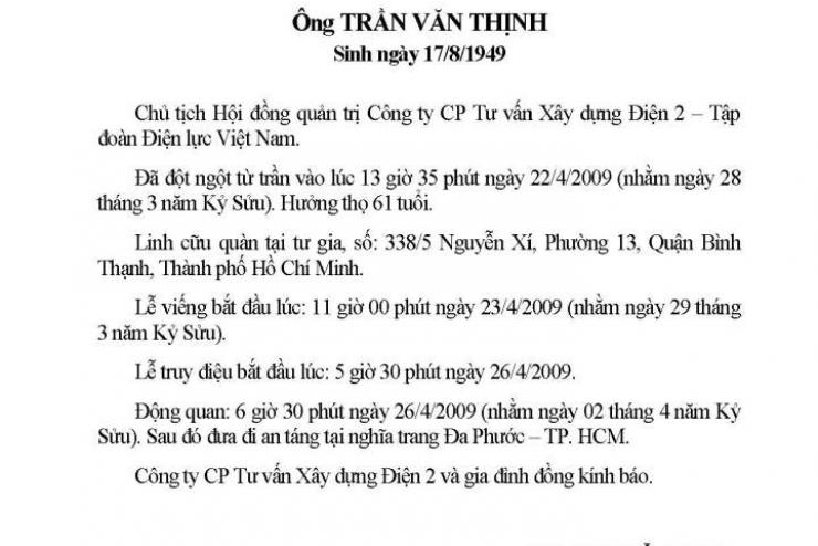 Tin buồn: Tập đoàn Điện lực Việt nam, Đảng ủy, Hội đồng quản trị, Ban Tổng Giám đốc Công ty CP Tư vấn Xây dựng Điện 2 và gia đình vô cùng thương tiếc báo tin